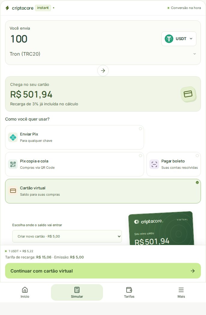 Simulador do CriptoCore com destino cartão virtual e detalhamento da recarga