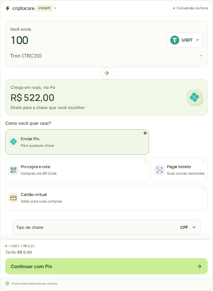 Simulador do CriptoCore com quantidade de USDT, rede e destino Pix